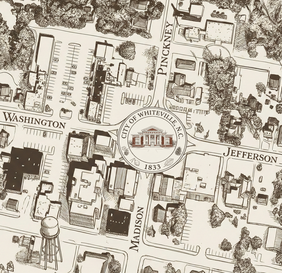 Bird’s-eye map of the courthouse roundabout with Washington, Jefferson, Madison, and Pinckney labeled.